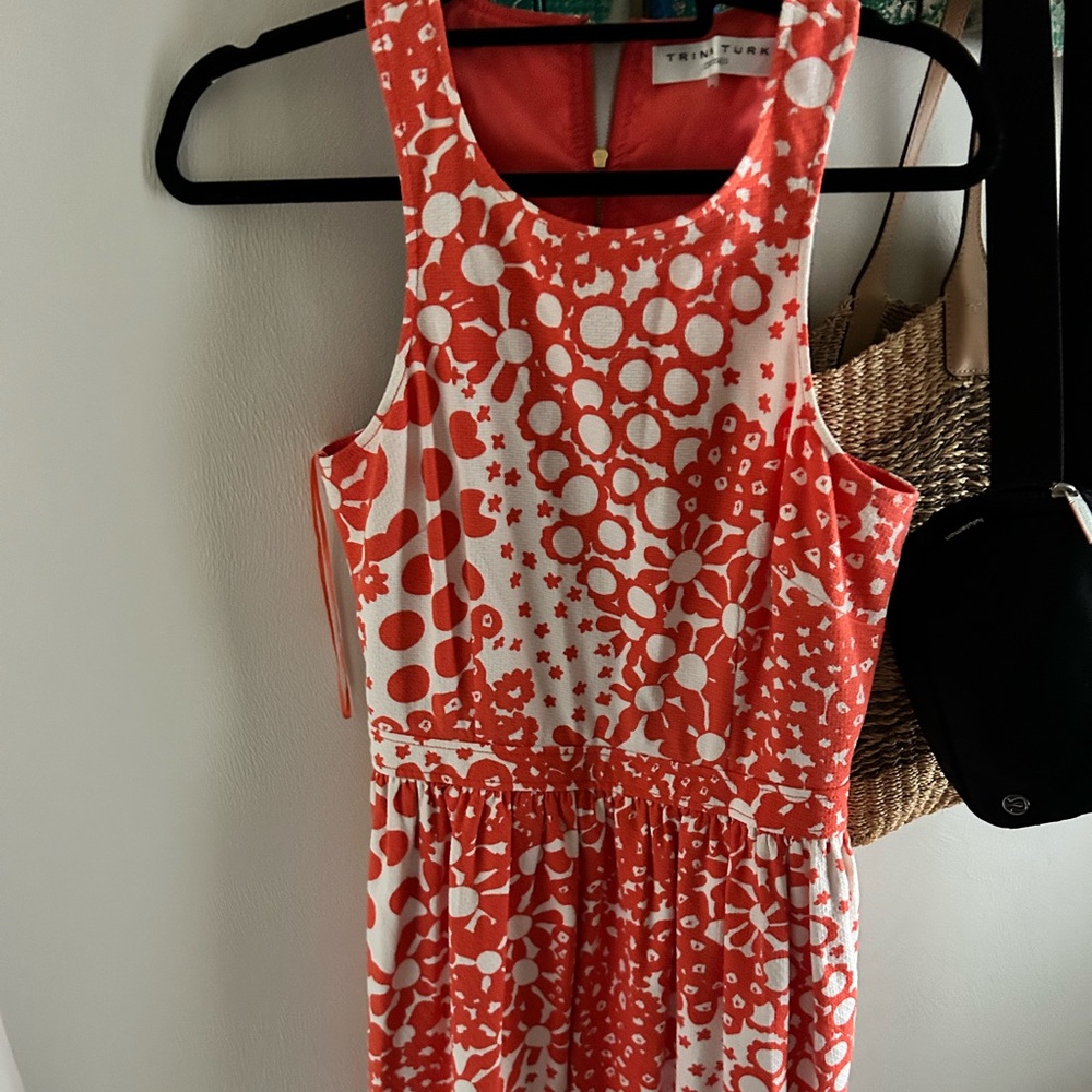 Trina Turk coral and white dress with a cut out in the back